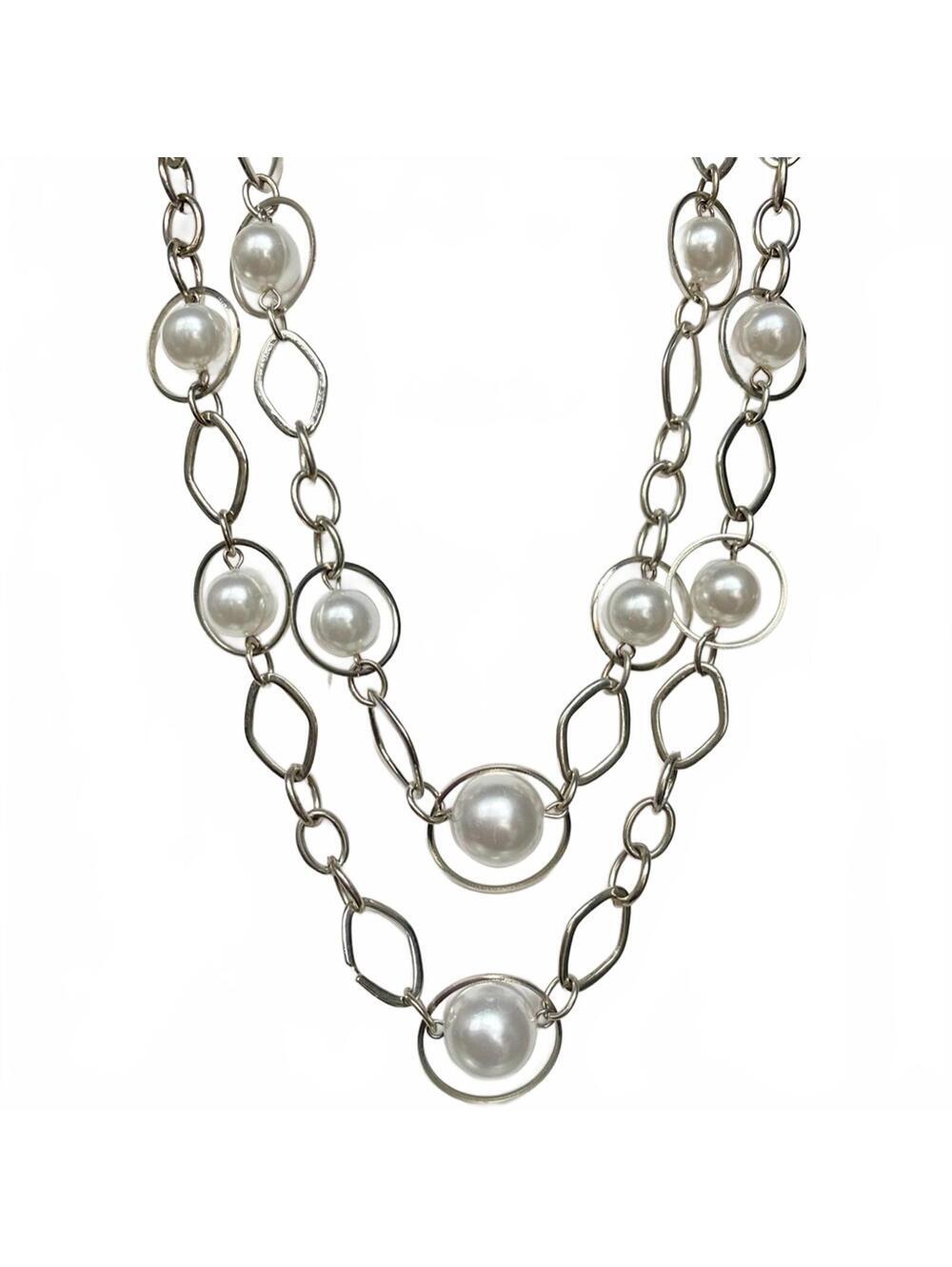 Vintage NY&Co Silver Faux Pearl Layered Necklace - Picture 4 of 8